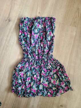 Floral Black Strapless Romper with Pink Flowers With Pockets